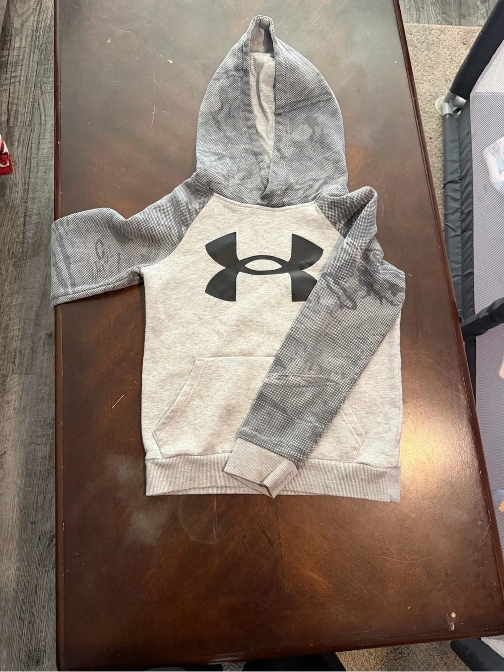 Under Armour Youth Hooded Pullover in Gray with Camo Sleeves